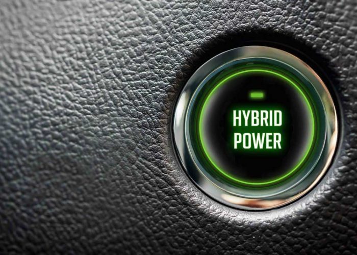 Car Start Button On Dashboard with hybrid power message